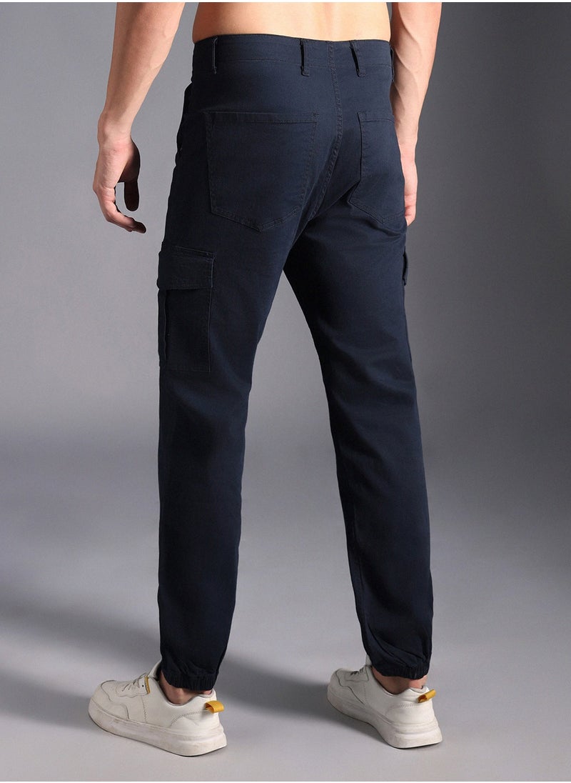 HIGH STAR Men's Navy Cotton Blend Solid Pattern Full Length Cargo Straight Fit Trouser  - Image 4