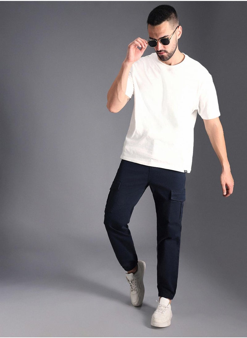HIGH STAR Men's Navy Cotton Blend Solid Pattern Full Length Cargo Straight Fit Trouser  - Image 1