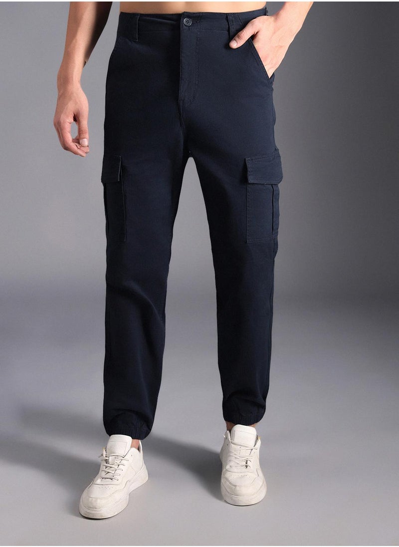 HIGH STAR Men's Navy Cotton Blend Solid Pattern Full Length Cargo Straight Fit Trouser  - Image 2