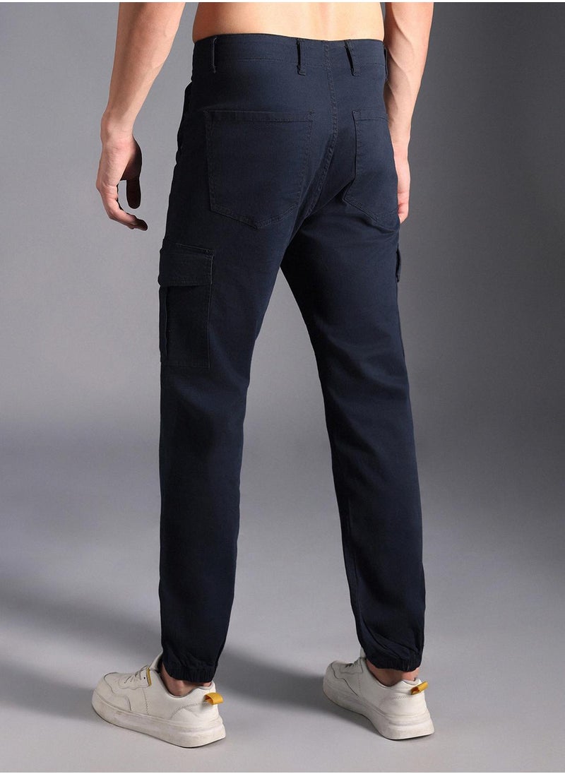 HIGH STAR Men's Navy Cotton Blend Solid Pattern Full Length Cargo Straight Fit Trouser  - Image 5