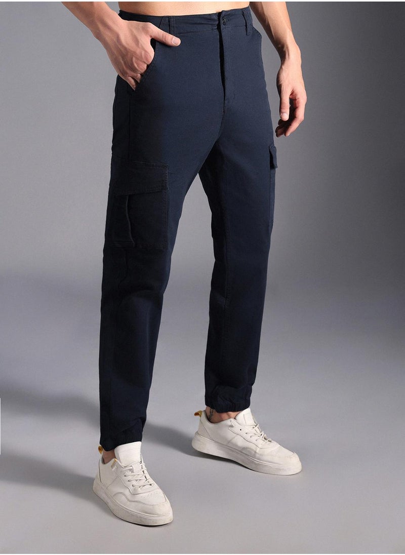 HIGH STAR Men's Navy Cotton Blend Solid Pattern Full Length Cargo Straight Fit Trouser  - Image 3