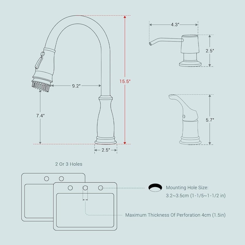 APPASO 3 Hole Kitchen Faucet, Bronze Kitchen Sink Faucet with Pull Down Sprayer 3 Modes for 2 & 3 Holes Sink, Oil Rubbed Bronze Faucet with Soap Dispenser and Separate Handle 3 Pieces, Stainless Steel - Image 5