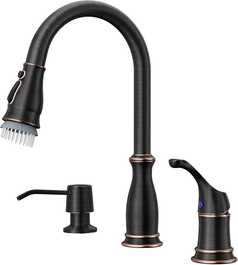 APPASO 3 Hole Kitchen Faucet, Bronze Kitchen Sink Faucet with Pull Down Sprayer 3 Modes for 2 & 3 Holes Sink, Oil Rubbed Bronze Faucet with Soap Dispenser and Separate Handle 3 Pieces, Stainless Steel - Image 1