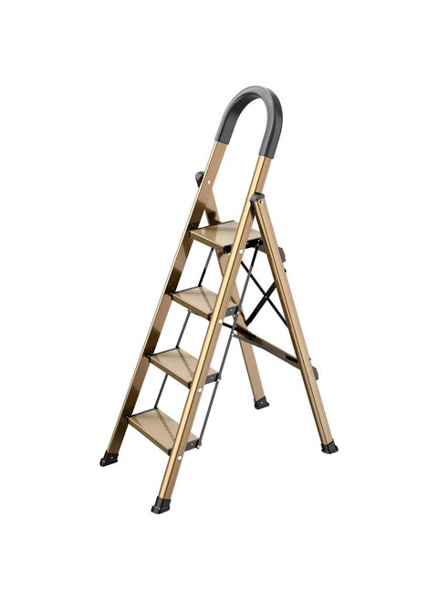 GameGem Lightweight Aluminum 4 Step Ladder Folding Step Stool Stepladders with AntiSlip and Wide Pedal for Home and Kitchen Use Space Saving Brown Gold