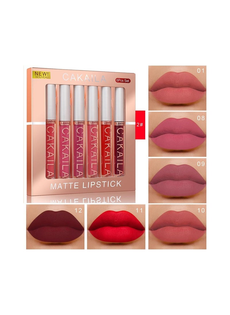 CAKAILA 6PCS Matte Waterproof Non-Stick Cup Long Lasting Silky Lip Gloss Sexy Red Lip Makeup - Image 1
