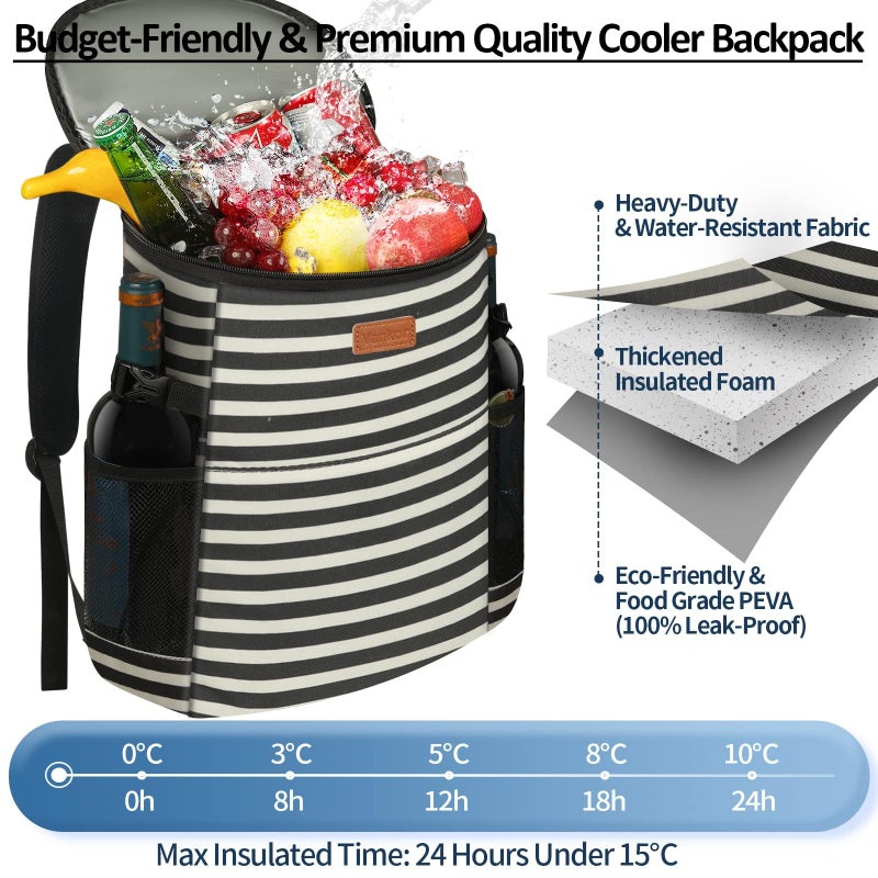 Vankor Camping Cooler Backpack 45 Cans, Soft Backpack Coolers Insulated Leak Proof Travel Cooler Bag Waterproof Lunch Picnic Beach Work Trip Thermal Bag Drink Beverage Beer Cooler Stripe - Image 4