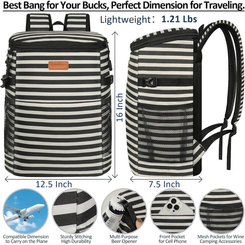 Vankor Camping Cooler Backpack 45 Cans, Soft Backpack Coolers Insulated Leak Proof Travel Cooler Bag Waterproof Lunch Picnic Beach Work Trip Thermal Bag Drink Beverage Beer Cooler Stripe - Image 3