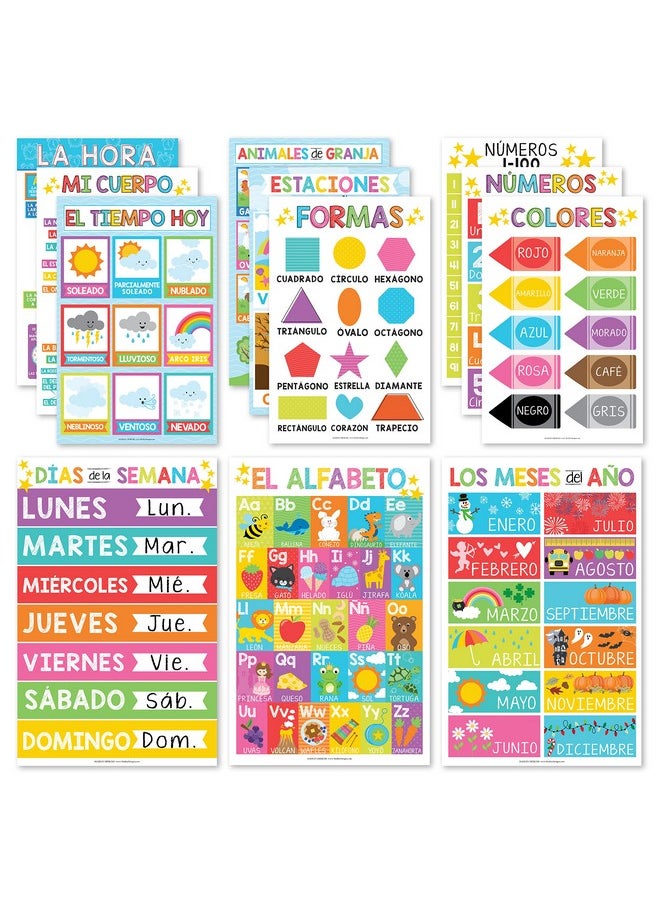 Hadley Designs 12 Colorful Spanish Educational Posters For Toddlers Spanish Posters For Classroom - Spanish Preschool Posters In Spanish Classroom Decorations, Classroom Decor Spanish Alphabet For Classroom Wall  - Image 1