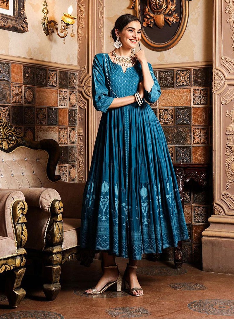 ISHIN Regular Fit Three-Quarter Sleeve Printed Teal Cotton Woven Dresses For Women Flat Collar Perfect For Wedding And Engagement Pull On Closure - Image 5