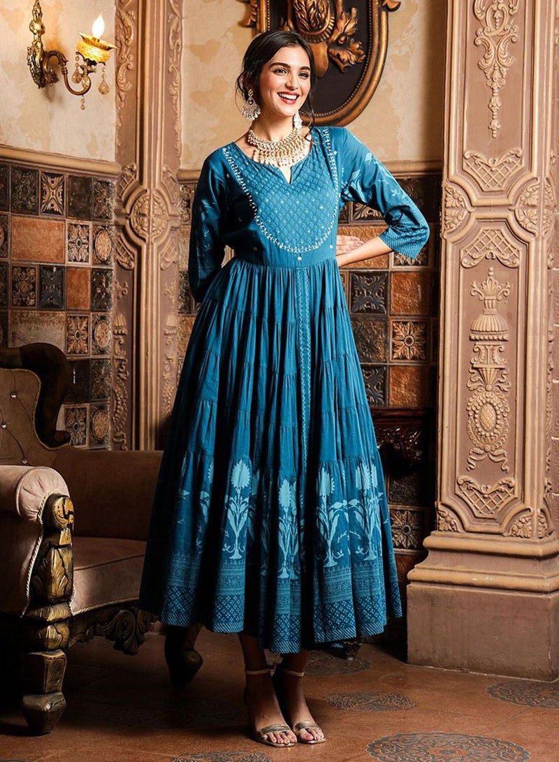 ISHIN Regular Fit Three-Quarter Sleeve Printed Teal Cotton Woven Dresses For Women Flat Collar Perfect For Wedding And Engagement Pull On Closure - Image 3