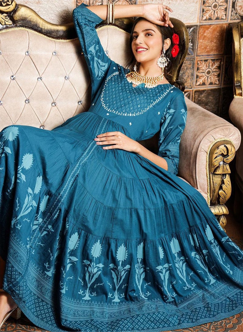 ISHIN Regular Fit Three-Quarter Sleeve Printed Teal Cotton Woven Dresses For Women Flat Collar Perfect For Wedding And Engagement Pull On Closure - Image 1