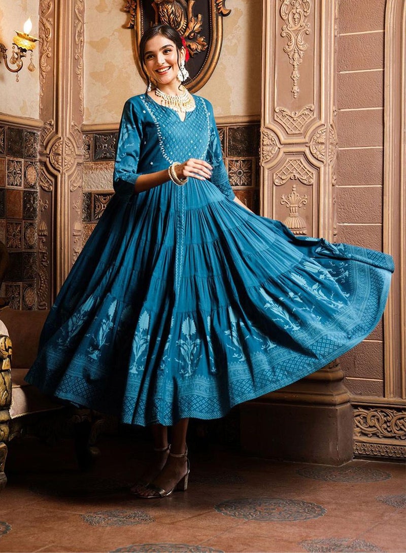 ISHIN Regular Fit Three-Quarter Sleeve Printed Teal Cotton Woven Dresses For Women Flat Collar Perfect For Wedding And Engagement Pull On Closure - Image 2