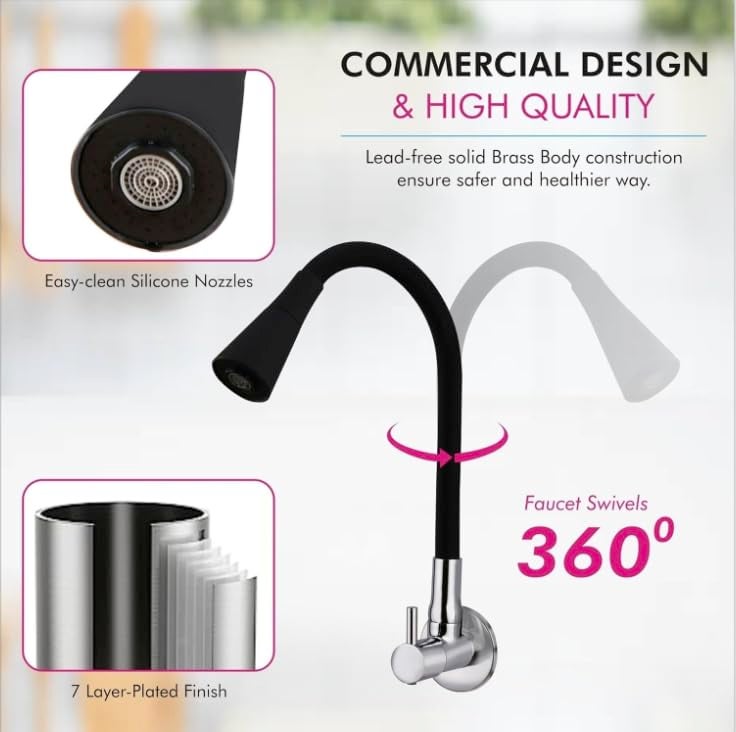 SEARENE BATHWARE Kitchen Sink Tap | Flexible Neck Wall Mount Mixer | Dual Flow Medium Shower & Foam | 360° Swivel Spout for Easy Use | Chrome Finish | Perfect for Modern Kitchens - Image 5