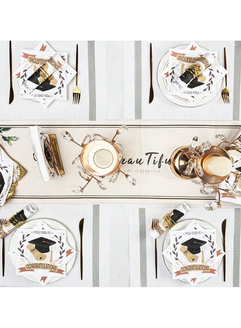 زينه تخرج مناديل تخرج  ورقيه بتصميم قبعة تخرج  باللون الذهبي والاسود وعبارة تهانينا  20منديل لحفلات التخرج - Image 2