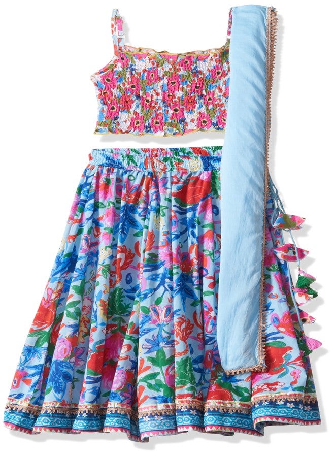 Biba Girls Light Pink Viscose Rayon Flared Printed Lehenga Set_6-7Y - Image 1