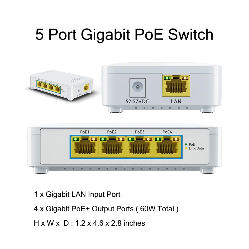PROCET PoE System 5 Port Gigabit PoE Switch - 4 PoE+ Ports, 60W Total, Plug and Play, Small Desktop Switch for Camera/Access Point/IP Phones - Image 5