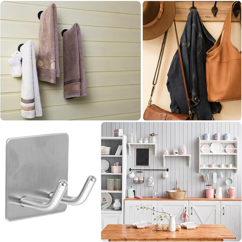 DECHOUS 2pcs 304 Stainless Steel Adhesive Wall Hooks Double Slant Bathroom Sticky Hooks Traceless Punch-Free for Keys Razor Coat Door Back Organization - Image 4