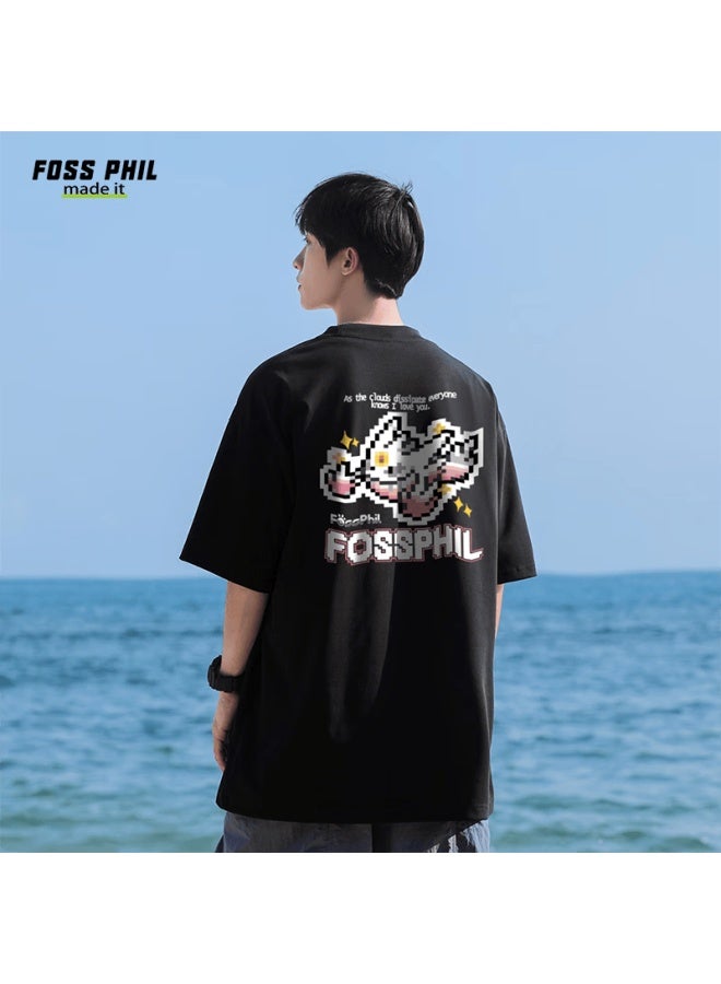 Foss Phil Short Sleeve T-shirt Uni Summer Pure Cotton Fashion Trendy Versatile Printed Base Shirt Men's Dt08 White XL - Image 3