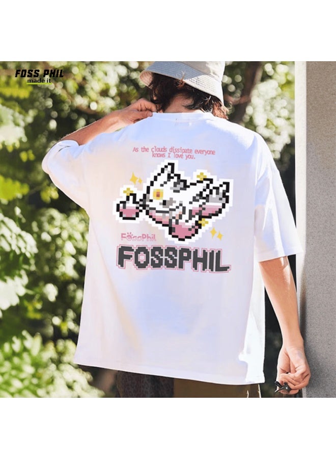 Foss Phil Short Sleeve T-shirt Uni Summer Pure Cotton Fashion Trendy Versatile Printed Base Shirt Men's Dt08 White XL - Image 1