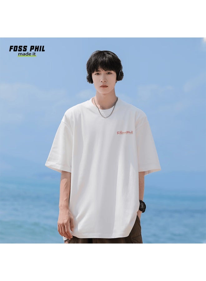 Foss Phil Short Sleeve T-shirt Uni Summer Pure Cotton Fashion Trendy Versatile Printed Base Shirt Men's Dt08 White XL - Image 5