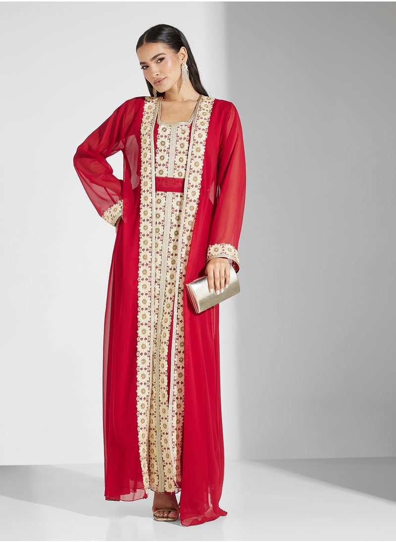 hayas closet - Embroidered Neck Flared Sleeve Moroccan Dress - Image 1
