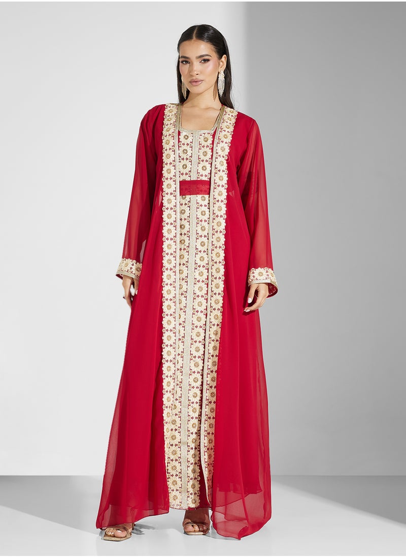 hayas closet - Embroidered Neck Flared Sleeve Moroccan Dress - Image 1