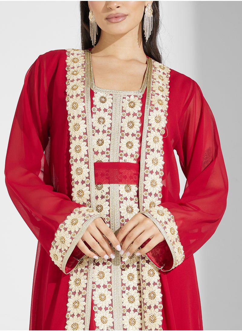 hayas closet - Embroidered Neck Flared Sleeve Moroccan Dress - Image 1