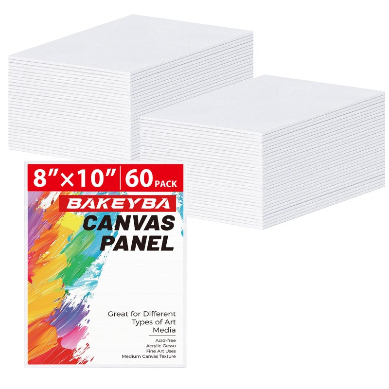 BAKEYBA Canvas Boards for Painting 60 Pack, 8x10 Inch Painting Canvas Panels, 100% Cotton White Blank Art Supplies for Acrylics Oil Watercolor Tempera Paints - Image 1