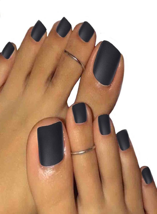 Outyua Black Square Fake Toenails Short Matte Press on Toe Nails Acrylic False Toes Nails with Designs Artificial Summer Beach Full Cover Toenail for Women 24 Pcs (Black) - Image 1