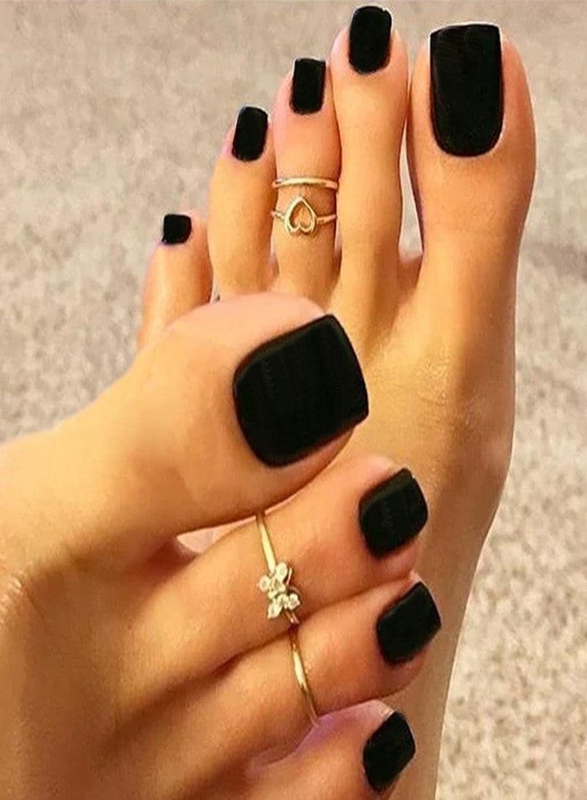Outyua Black Square Fake Toenails Short Matte Press on Toe Nails Acrylic False Toes Nails with Designs Artificial Summer Beach Full Cover Toenail for Women 24 Pcs (Black) - Image 5