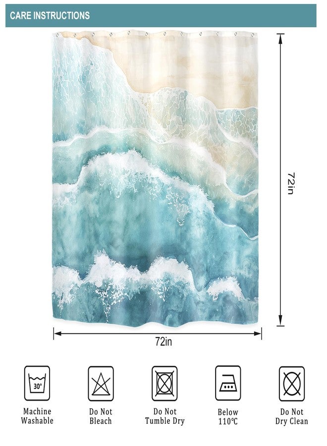 Riyidecor Beach Ocean Wave Shower Curtain for Bathroom Decor 72Wx72H Teal Blue Coastal Nautical Sea Abstract Modern Seaside Minimalist Art Printed Fabric Polyester Waterproof 12 Pack Plastic Hooks - Image 5