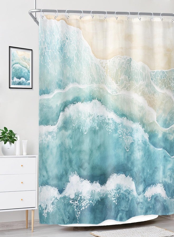 Riyidecor Beach Ocean Wave Shower Curtain for Bathroom Decor 72Wx72H Teal Blue Coastal Nautical Sea Abstract Modern Seaside Minimalist Art Printed Fabric Polyester Waterproof 12 Pack Plastic Hooks - Image 3