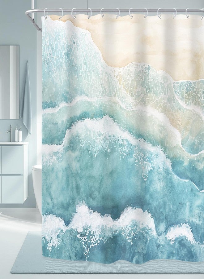 Riyidecor Beach Ocean Wave Shower Curtain for Bathroom Decor 72Wx72H Teal Blue Coastal Nautical Sea Abstract Modern Seaside Minimalist Art Printed Fabric Polyester Waterproof 12 Pack Plastic Hooks - Image 1