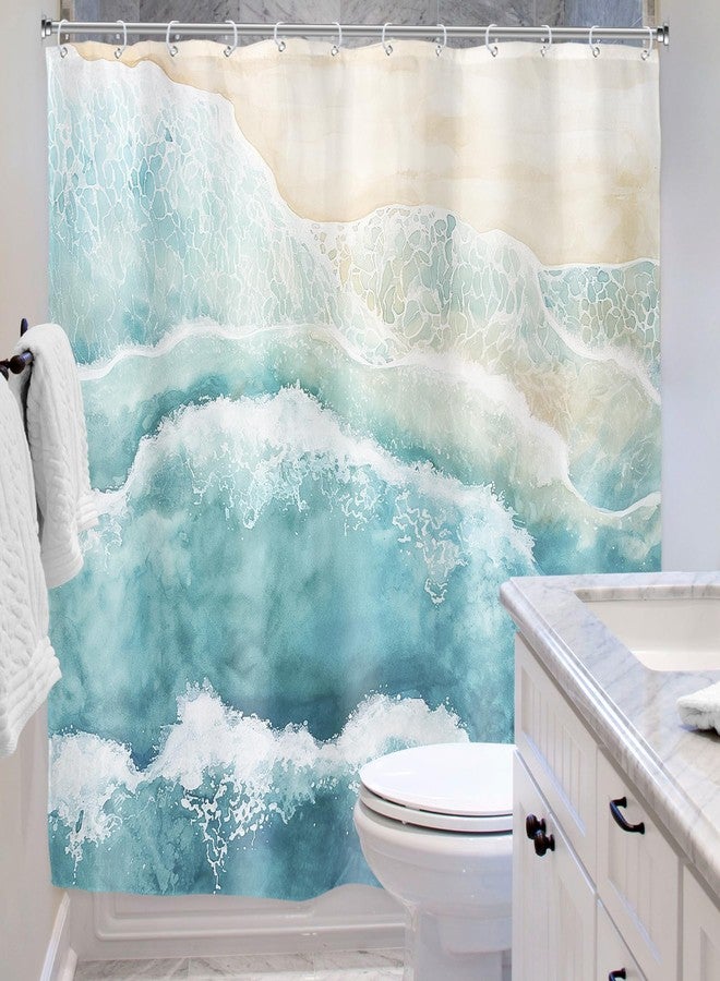 Riyidecor Beach Ocean Wave Shower Curtain for Bathroom Decor 72Wx72H Teal Blue Coastal Nautical Sea Abstract Modern Seaside Minimalist Art Printed Fabric Polyester Waterproof 12 Pack Plastic Hooks - Image 4