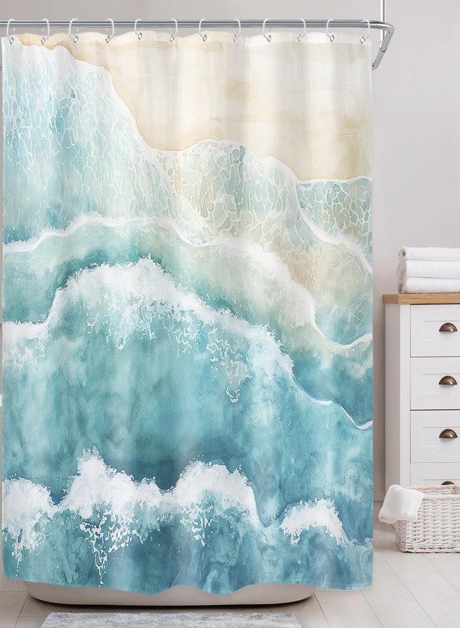 Riyidecor Beach Ocean Wave Shower Curtain for Bathroom Decor 72Wx72H Teal Blue Coastal Nautical Sea Abstract Modern Seaside Minimalist Art Printed Fabric Polyester Waterproof 12 Pack Plastic Hooks - Image 2