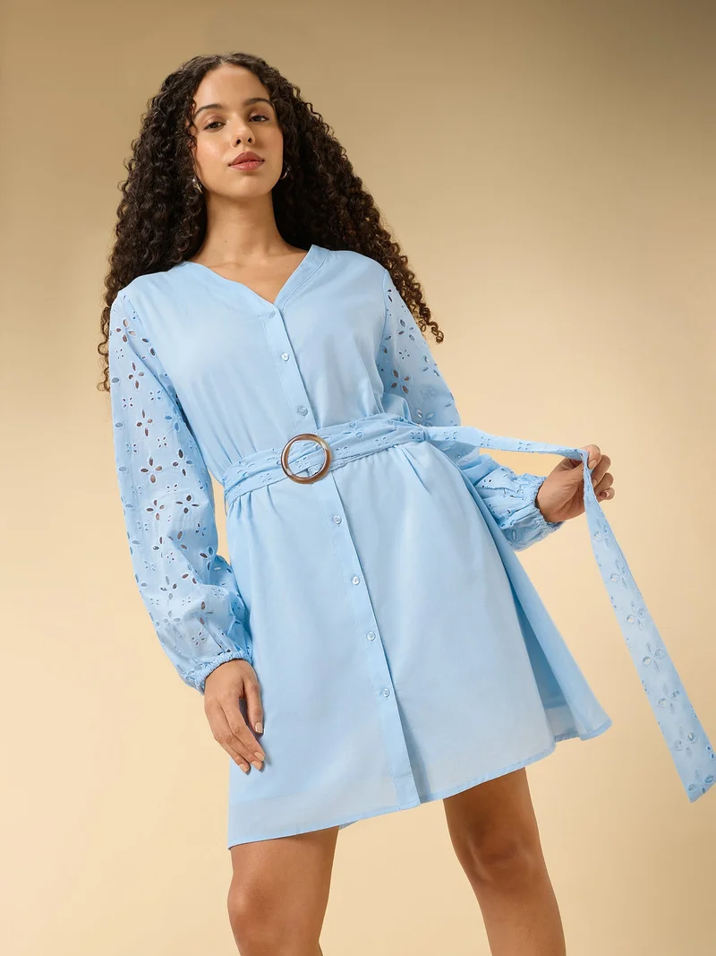 OUTZIDR Blue Schifley Short Dress With Belt