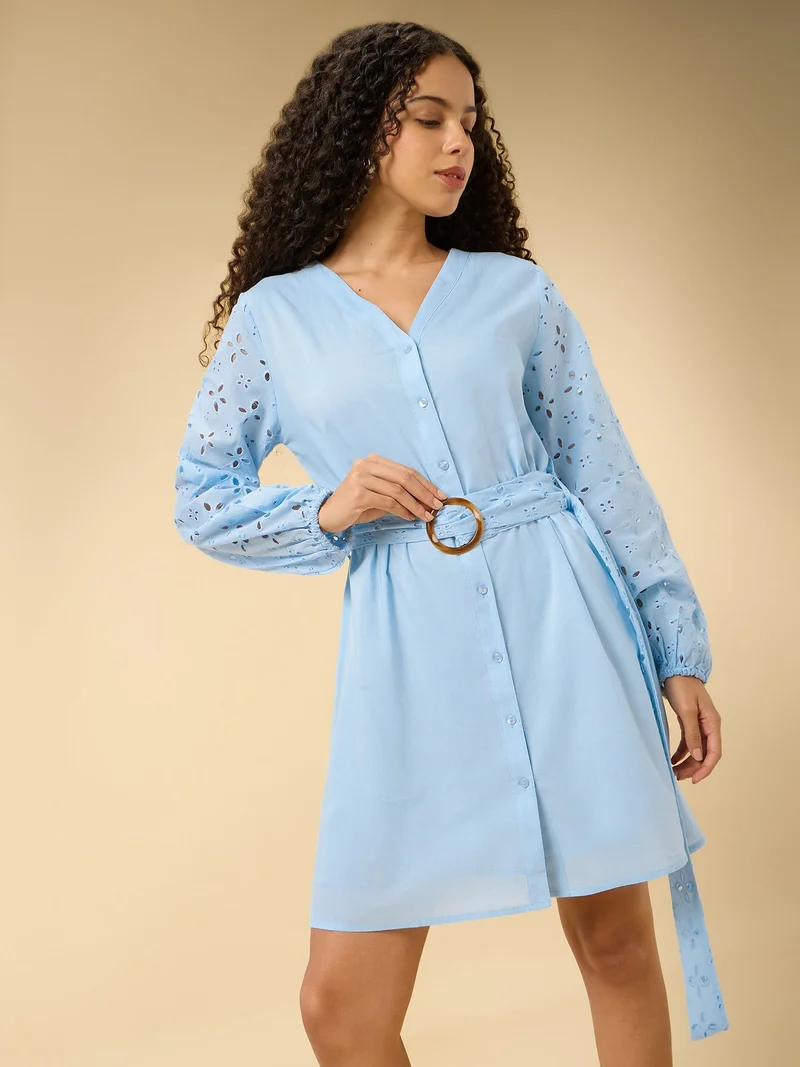 OUTZIDR Blue Schifley Short Dress With Belt