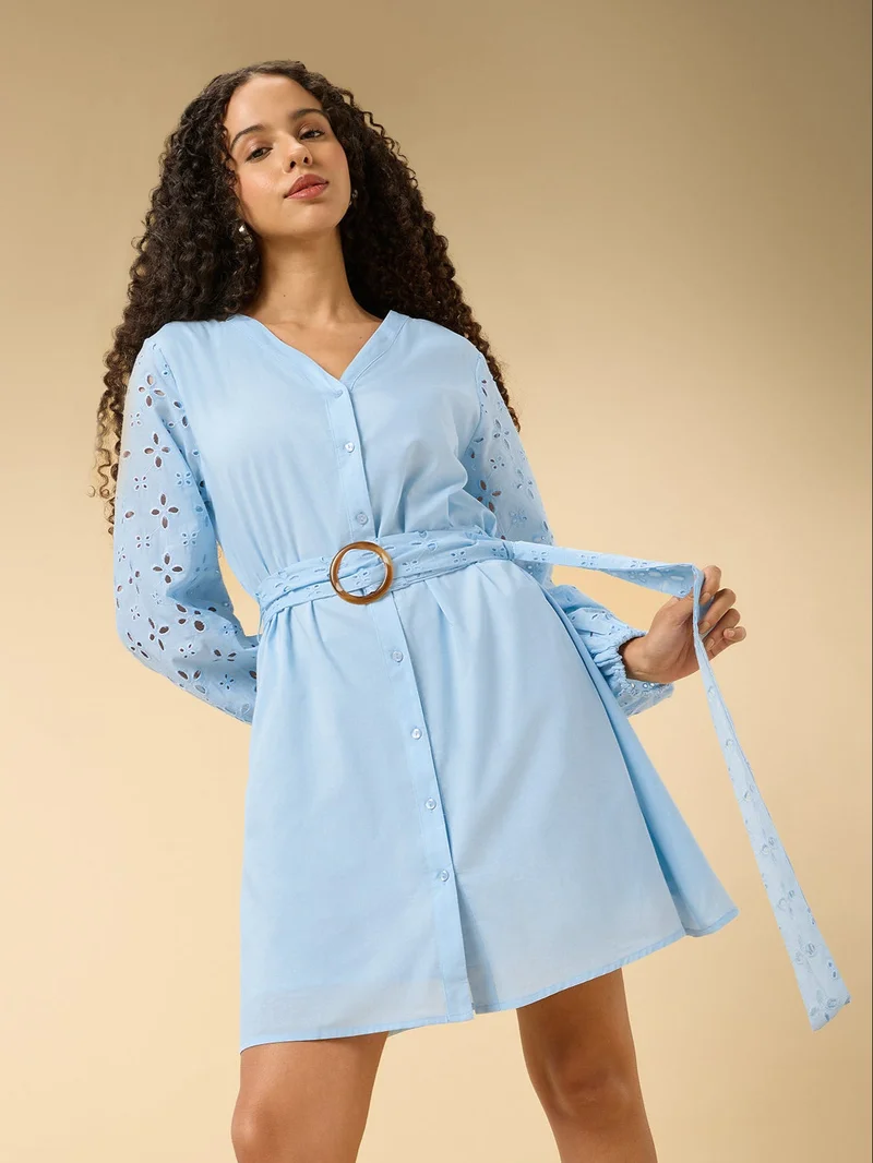 Outzidr  Blue Schifley Short Dress With Belt for Women | Best Price UAE