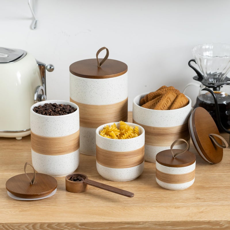 Miamolo Ceramic Jar with Lid, Coffee Container Kitchen Food Storage Jars for Spice Sugar Tea Bag, Stackable Decorative Jars for Countertop, White & 18 fl.oz - Image 5