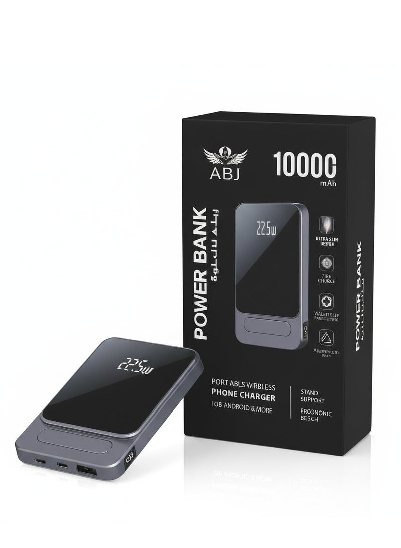 أيه بي جي بنك طاقة لاسلكي (2 في 1) بسعة 10000 مللي أمبير، شحن سريع بقدرة 22.5 واط، مزود بشاشة رقمية وحامل مدمج - متوافق مع الشحن السلكي واللاسلكي لأجهزة iPhone وSamsung وHuawei وXiaomi وOppo وVivo وXiaomi - Image 1