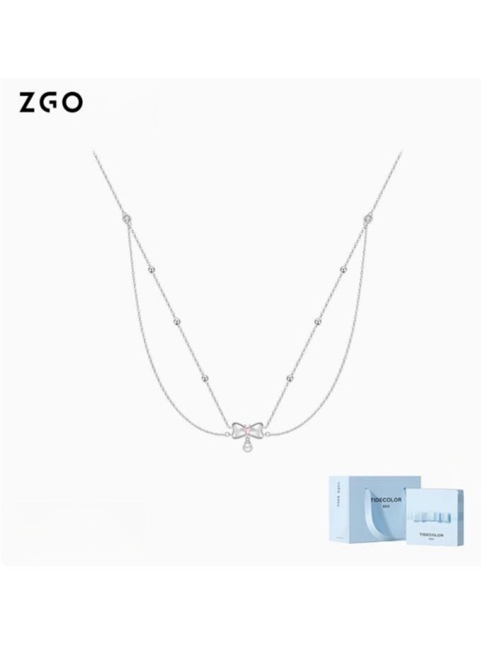 ZGO - Butterfly Knot Pearl Necklace, Niche, Light Luxury, Women's Pure Silver, Layered Design, Small Fragrance Style, Birthday Gift - Image 1
