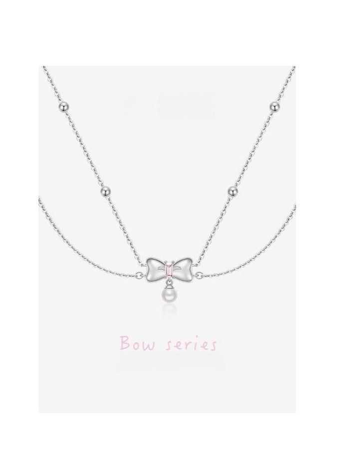 ZGO - Butterfly Knot Pearl Necklace, Niche, Light Luxury, Women's Pure Silver, Layered Design, Small Fragrance Style, Birthday Gift - Image 1