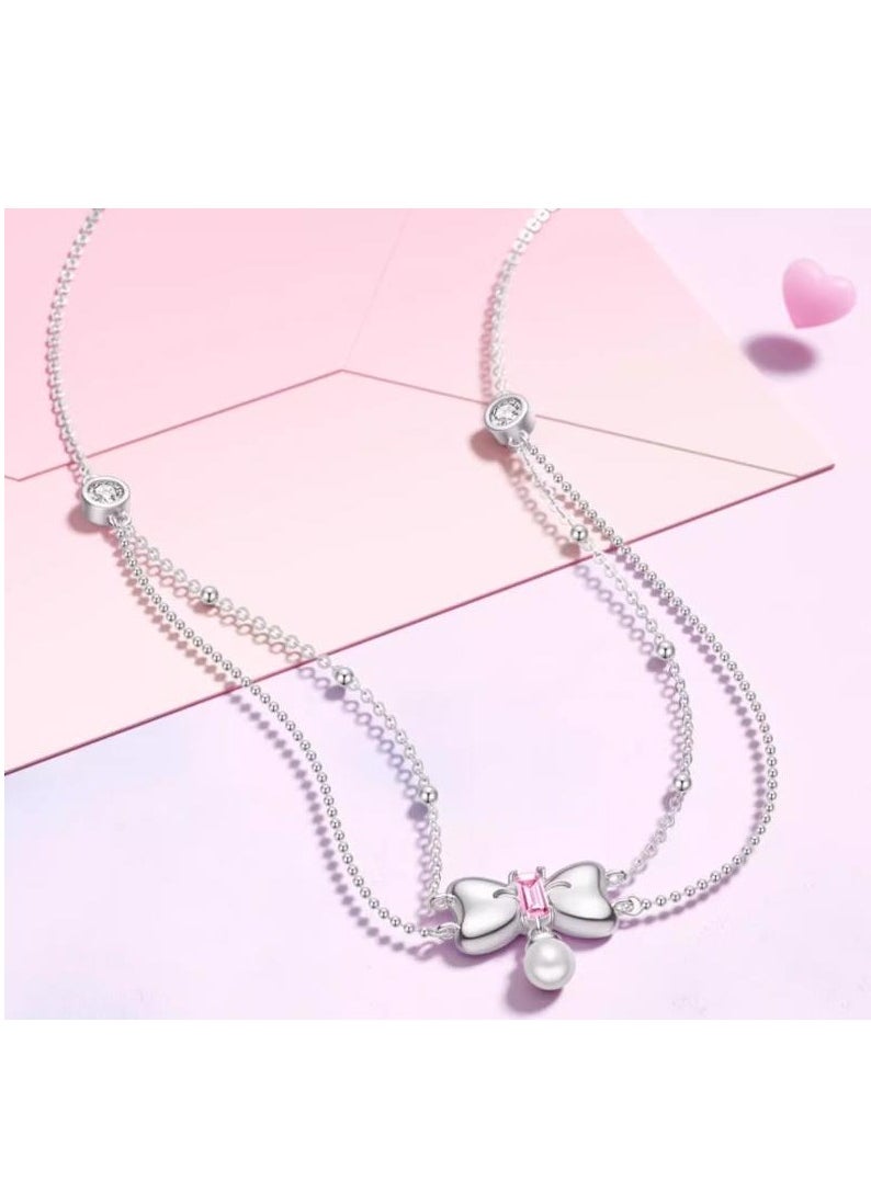 ZGO - Butterfly Knot Pearl Necklace, Niche, Light Luxury, Women's Pure Silver, Layered Design, Small Fragrance Style, Birthday Gift - Image 1