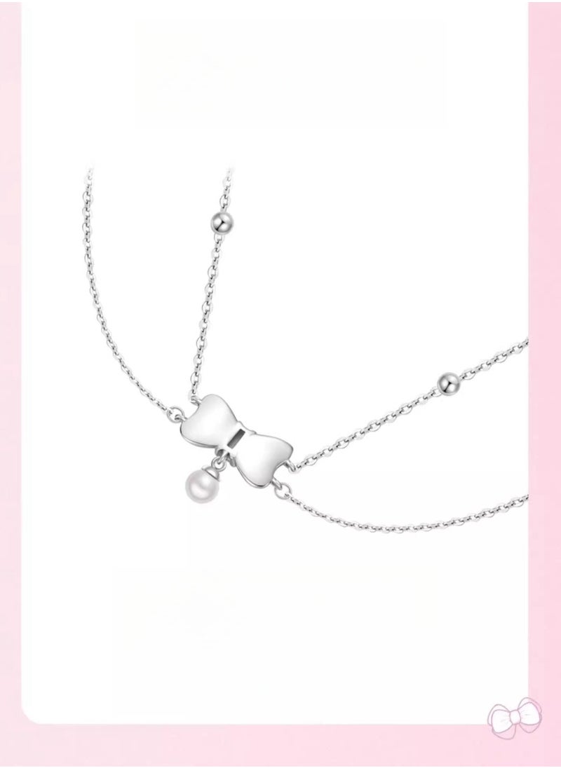 ZGO - Butterfly Knot Pearl Necklace, Niche, Light Luxury, Women's Pure Silver, Layered Design, Small Fragrance Style, Birthday Gift - Image 1