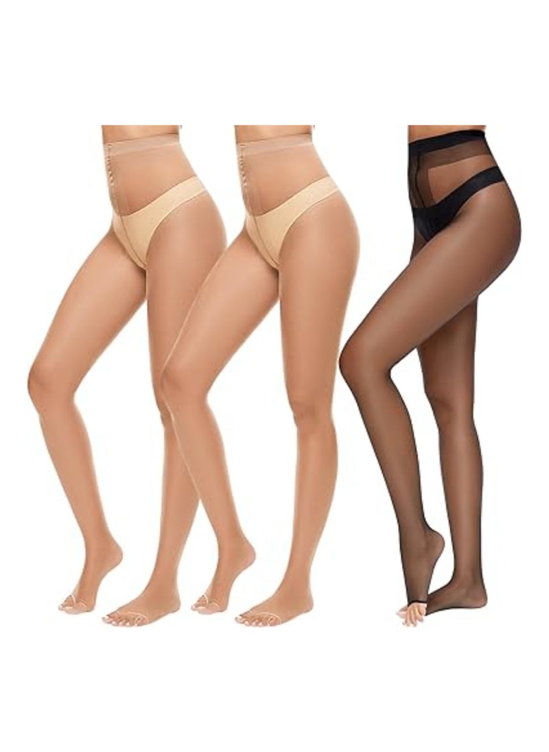 SYOSI - 3 Pairs Toeless Sheer Tights, 10D Open Toe Pantyhose, for Women High Waist Tights Without Toes, Top Pantyhose,  Women's/Girls's High Waist Pantyhose Sheer Tights Stockings, Sheer to Waist Pantyhose - Image 1