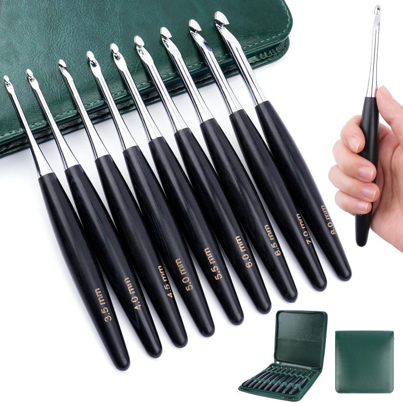 Hobekoee Inline Crochet Hooks Set 9 Sizes 3.5mm(E)-8mm(L) Wooden Handle Crochet Hooks Set with Case,Ergonomic Grip for Arthritic Hands - Image 1