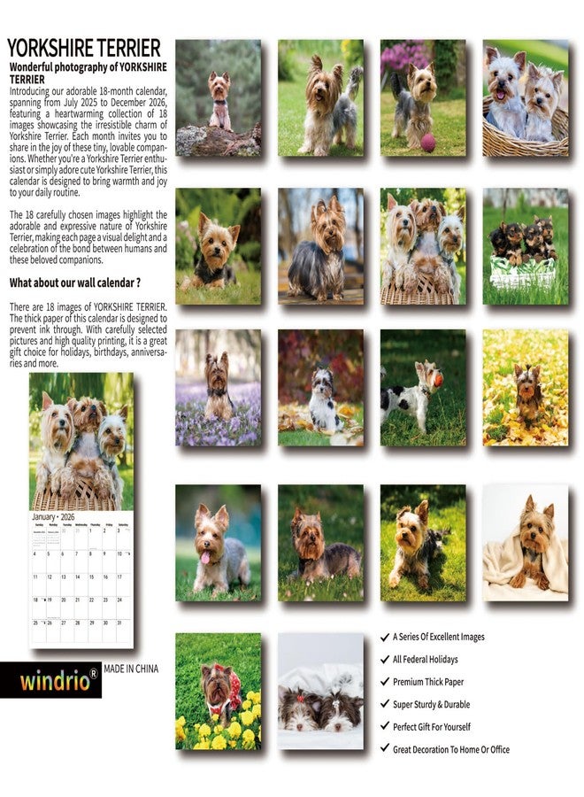 windrio 2026 Wall Calendar,Calendar 2026, July 2025 - December 2026, Wall Calendar Yorkshire Terrier Puppies, 12" x 24" Opened,Full Page Months Thick & Sturdy Paper for Calendar Organizing & Planning - Image 2