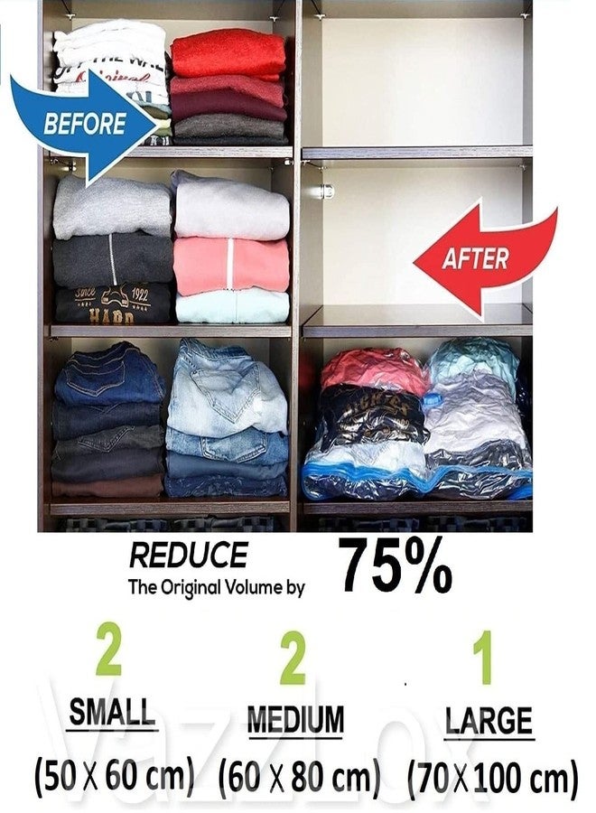 COOZICO Reusable Ziplock Vacuum Storage Space Saver Bags for Clothes with Travel Hand Pump - Pack of 5, polypropylene (2S (40cmx60cm), 2M (50cmx70cm), 1L(60cmx80cm)) - Image 2