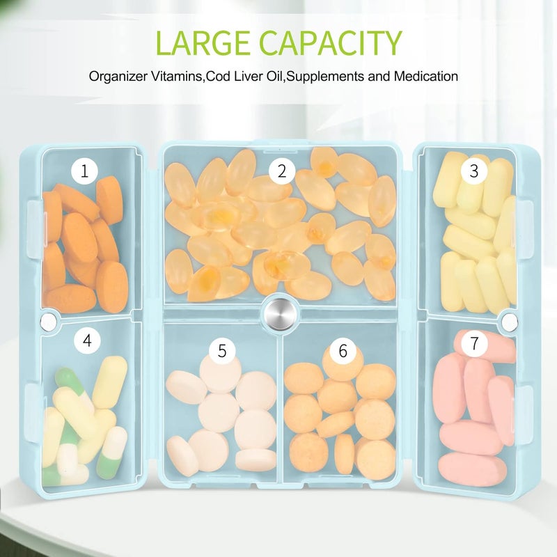 FYY 7 Day Pill Box Organiser - Travel Pill Case, [Folding Design][Large Capacity] Portable Pill Dispenser Container for Vitamins, Cod Liver Oil, Supplements, Medication Cyan - Image 2