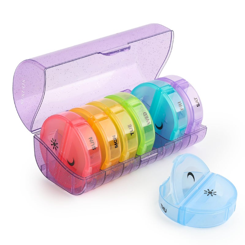Sukuos Weekly Pill Organizer 7 Day 2 Times a Day, Large Daily Pill Box Easy to Open, Portable AM PM Pill Case for Medicine/Vitamin/Fish Oil/Supplements (Glitter Purple) - Image 1